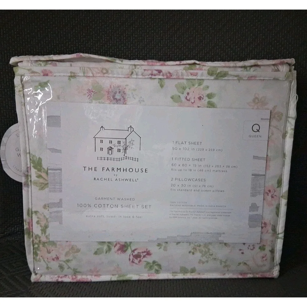 NIP Rachel Ashwell Farmhouse Queen Floral Sheet Set Cream Pink Green Blue Purple
